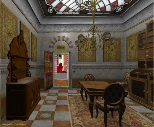 Looking forward through the library to the salon.