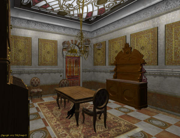 The port side of the dining room, looking aft.